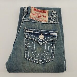 [READ] True Religion Joey Super T Jeans 28 Blue Thick White Stitch Flare Mens